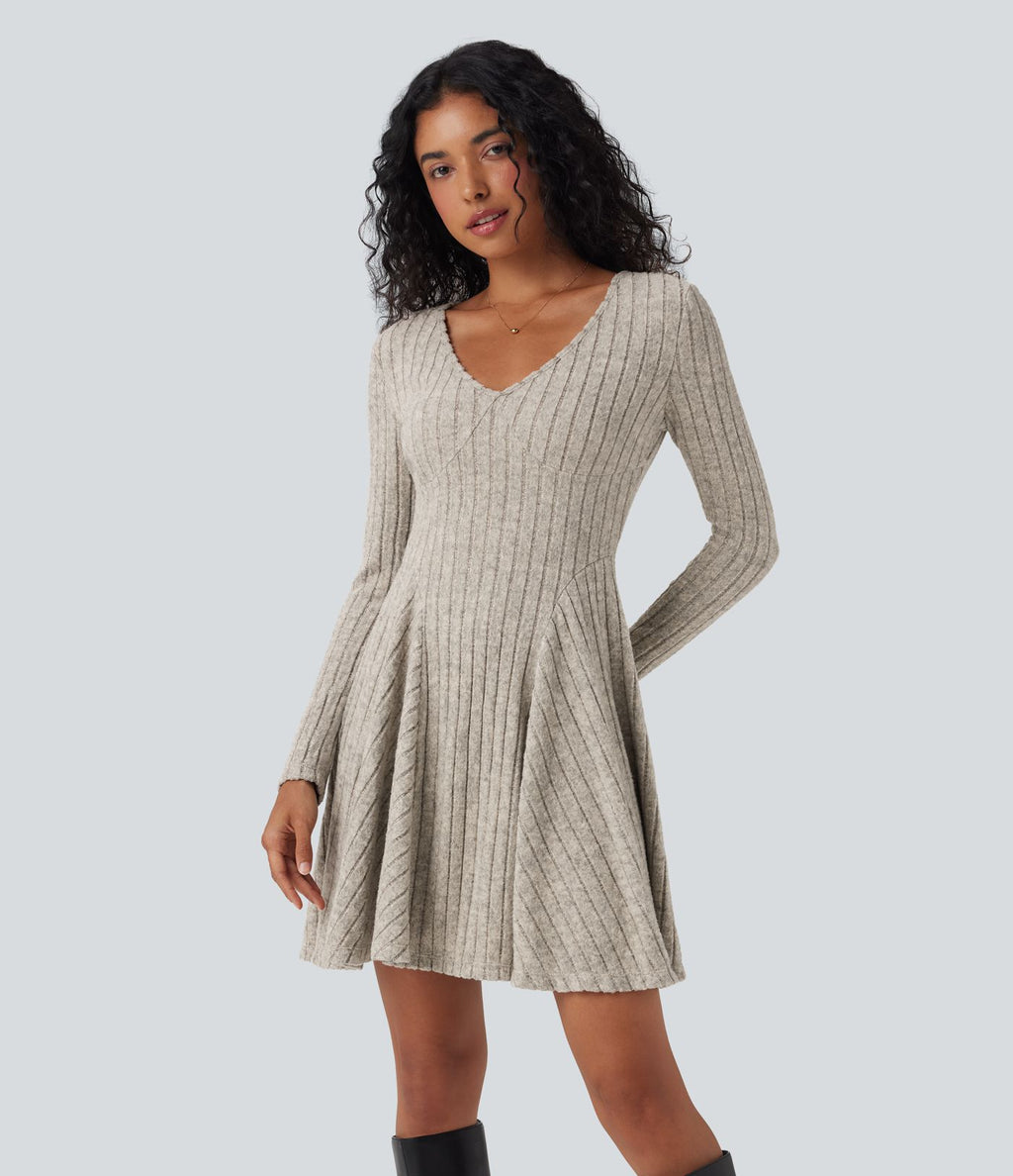 Robe décontractée mini évasée maille côtelée col V manches longues