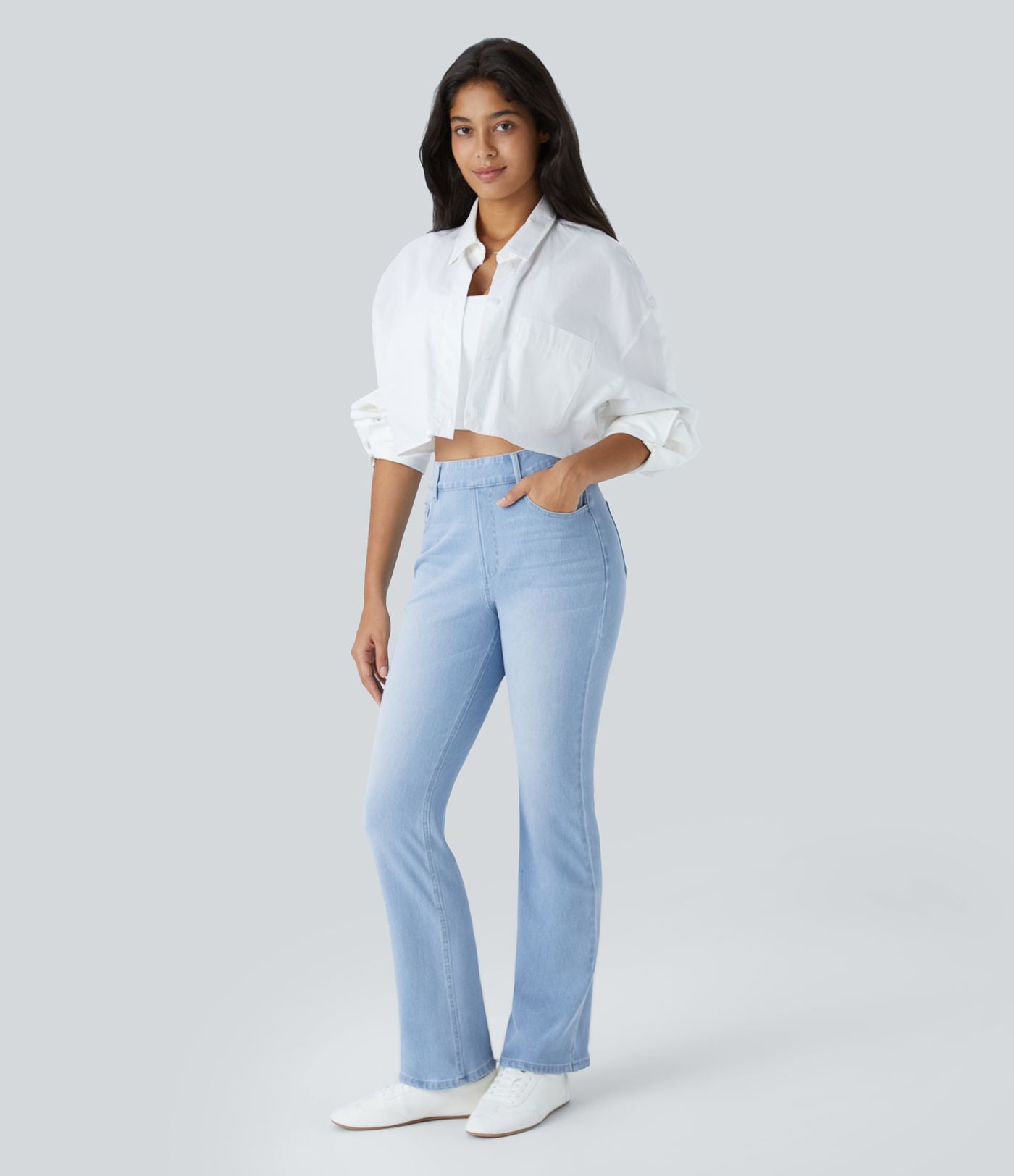 Halara Flex™ Jeans bootcut Casual Taille Haute Multiples Poches Lavés Élastiques et Tricotés Coupe