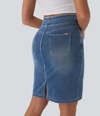 Halara Flex™ Jupe en Jean décontractée stretch délavé à taille haute, multiples poches et fente latérale