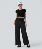 Pantalon jogging droit en coton molleton taille haute avec cordon et poches