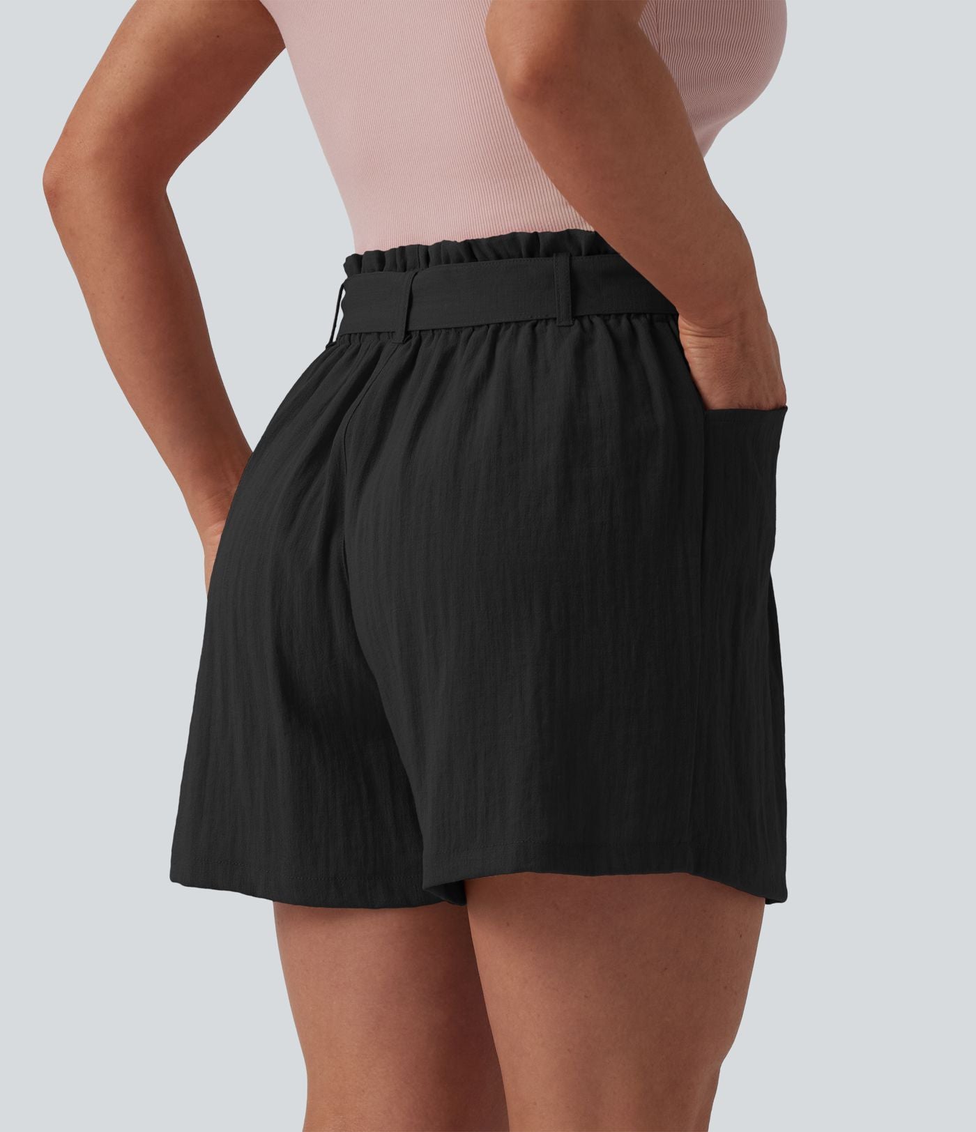 Short décontracté taille haute avec nœud devant aspect lin avec poches