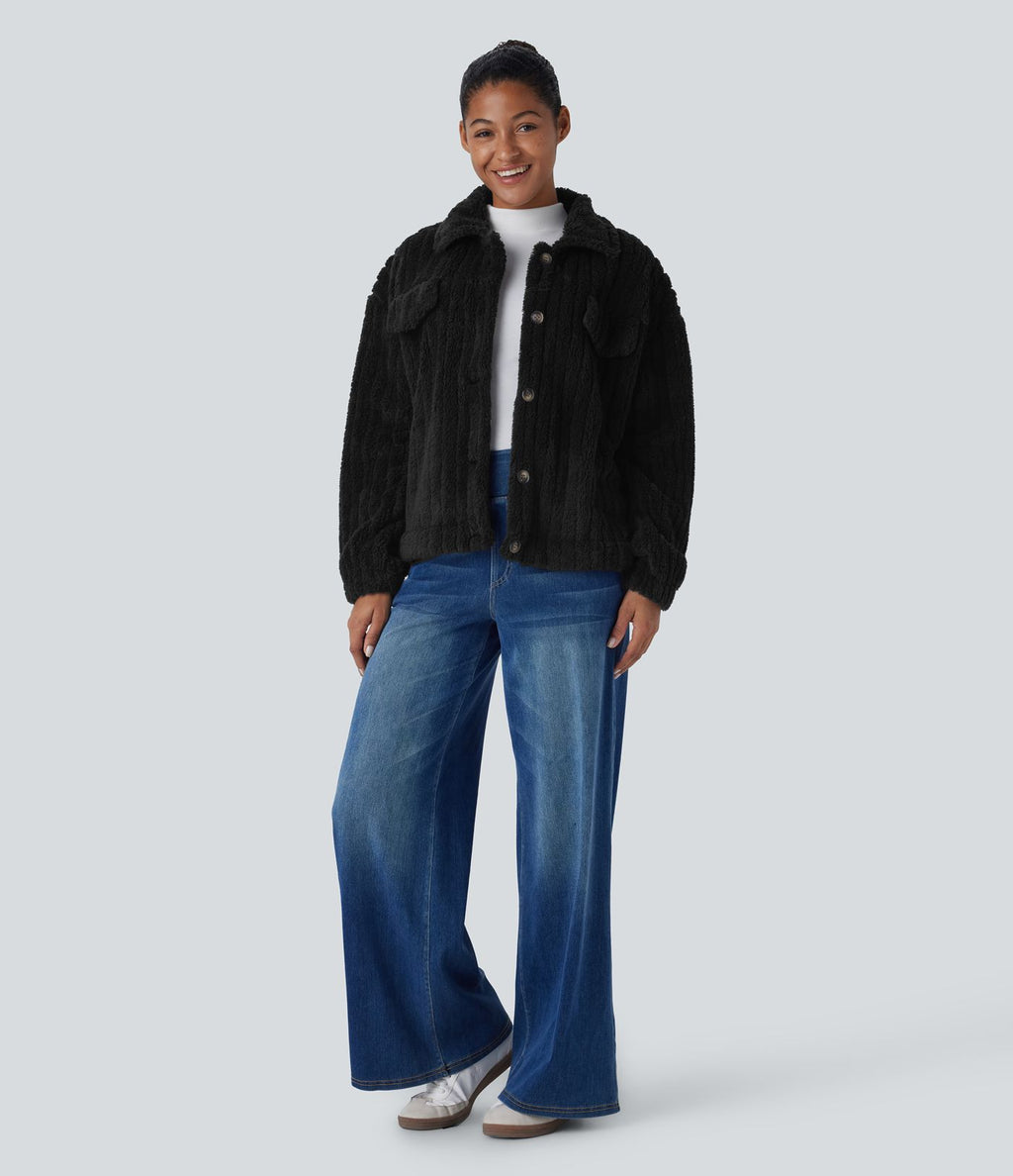 Veste décontractée en sherpa à col, boutons et manches longues