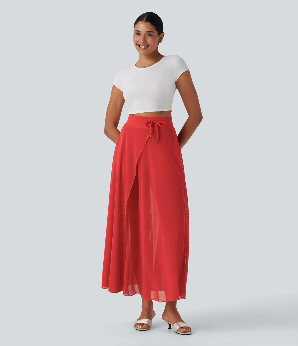 Jupe longue fluide 2-en-1 taille haute avec empiècements en résille