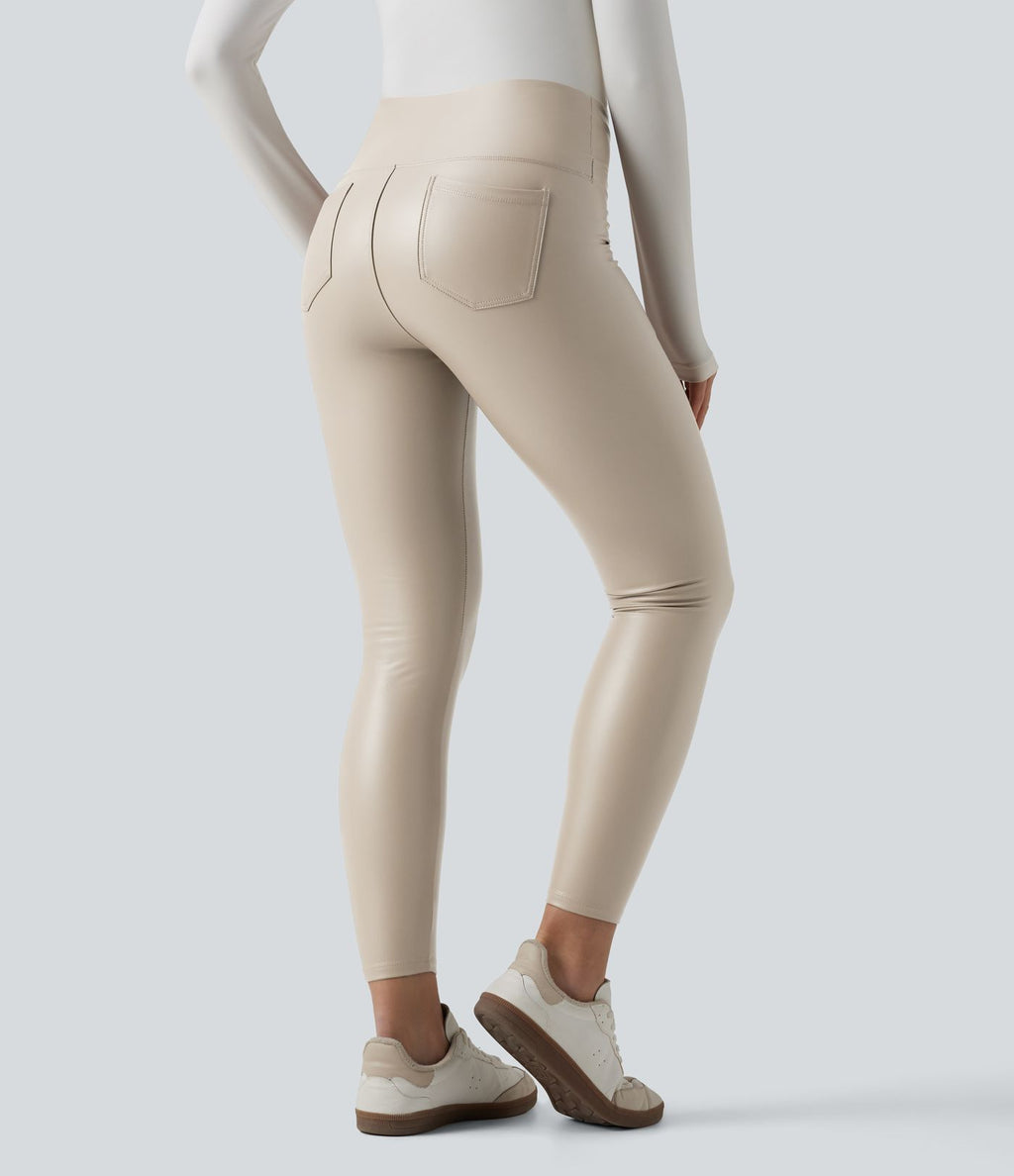 Pantalon 7/8 moulant décontracté polaire gainant taille haute extensible effet cuir avec poches
