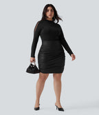 Jupe mini moulante grande taille 2 en 1 taille haute ventre plat froncée ourlet arrondi en polaire simili cuir — longueur allongée
