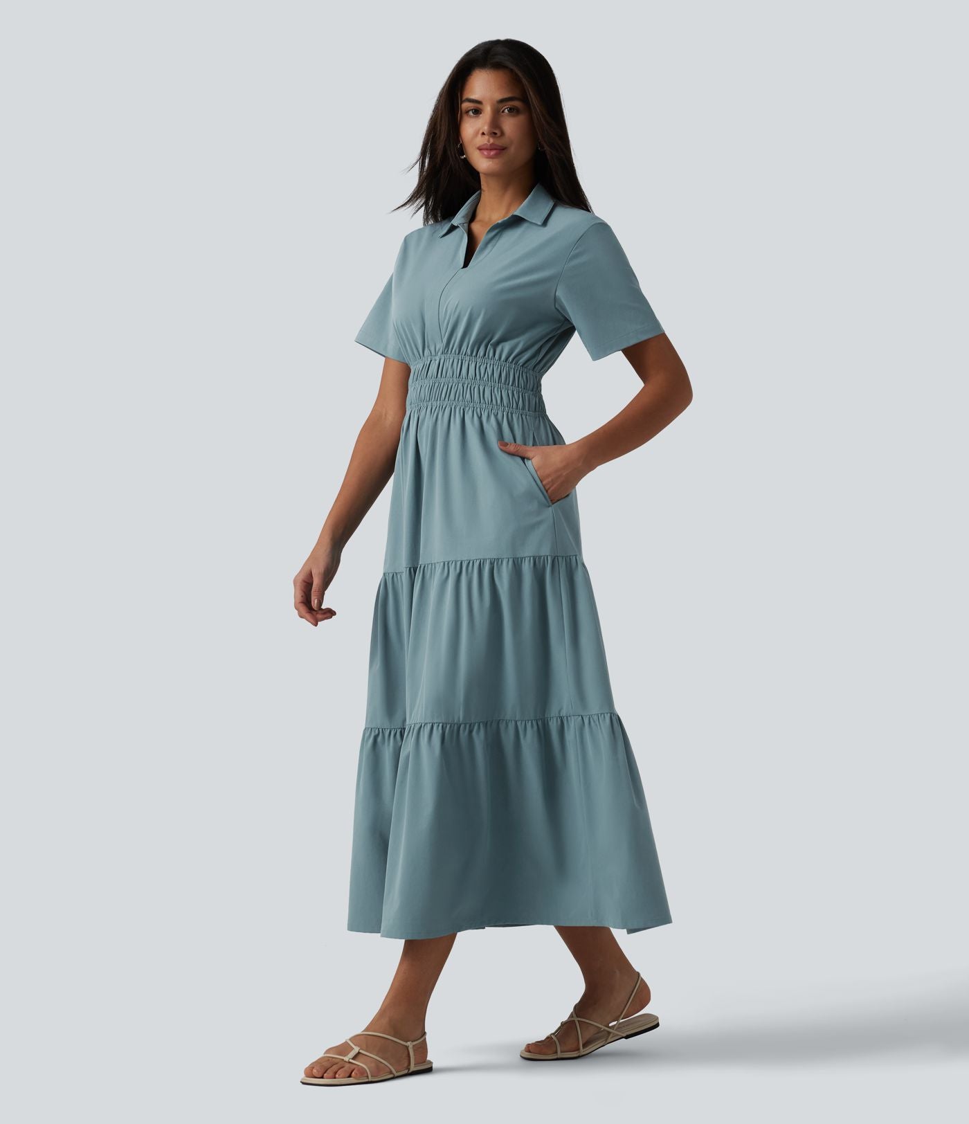 Robe-chemise midi fluide et décontractée en popeline extensible à manches courtes et poches