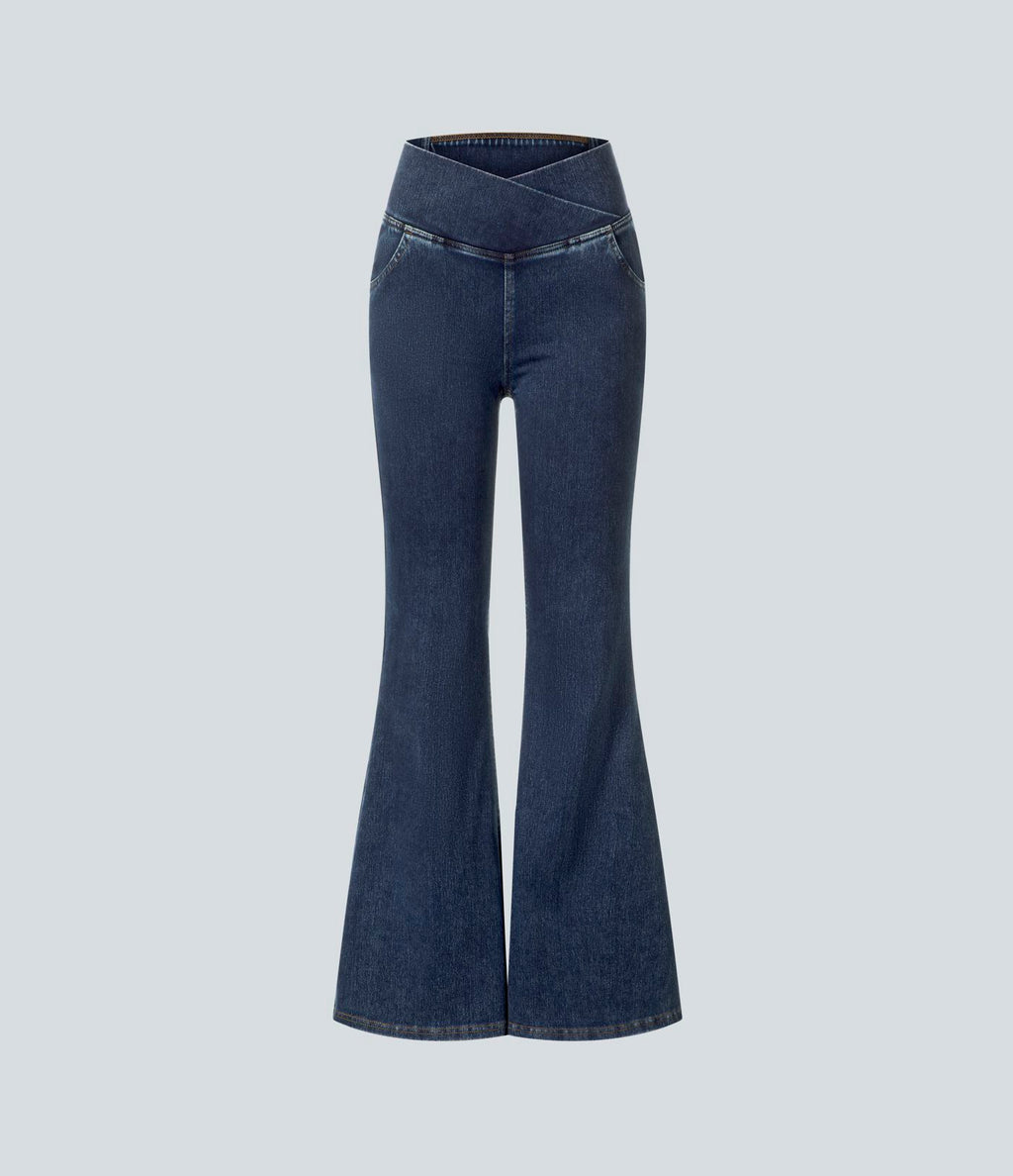 Halara Flex™ - Jean Ultra Evasé Tricot Extensible Lavé Poches Croisées Taille Haute