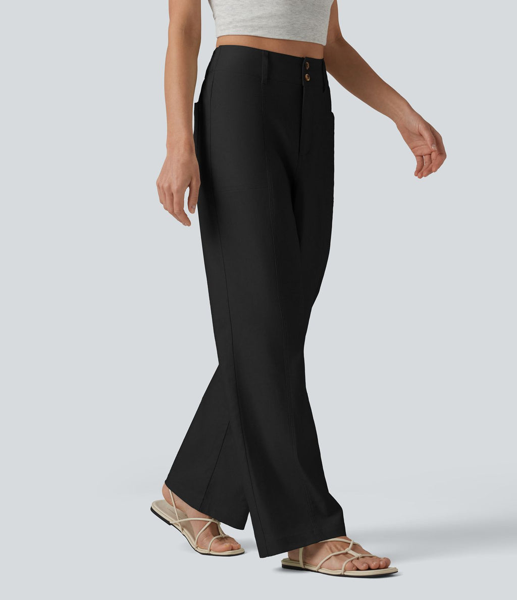Pantalon droit décontracté en coton et lin taille haute avec poches