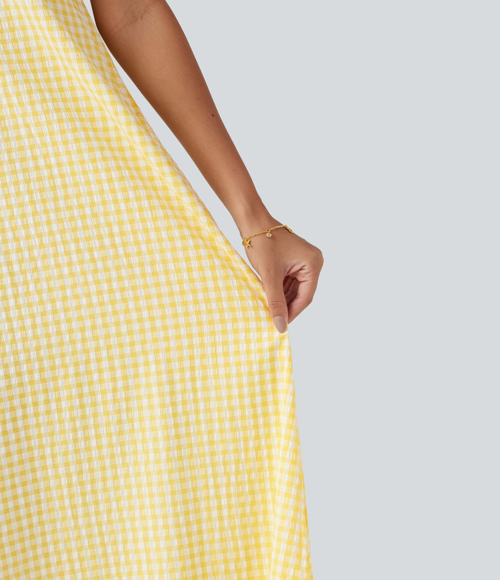Robe débardeur midi décontractée col rond sans manches en vichy froissé avec poches