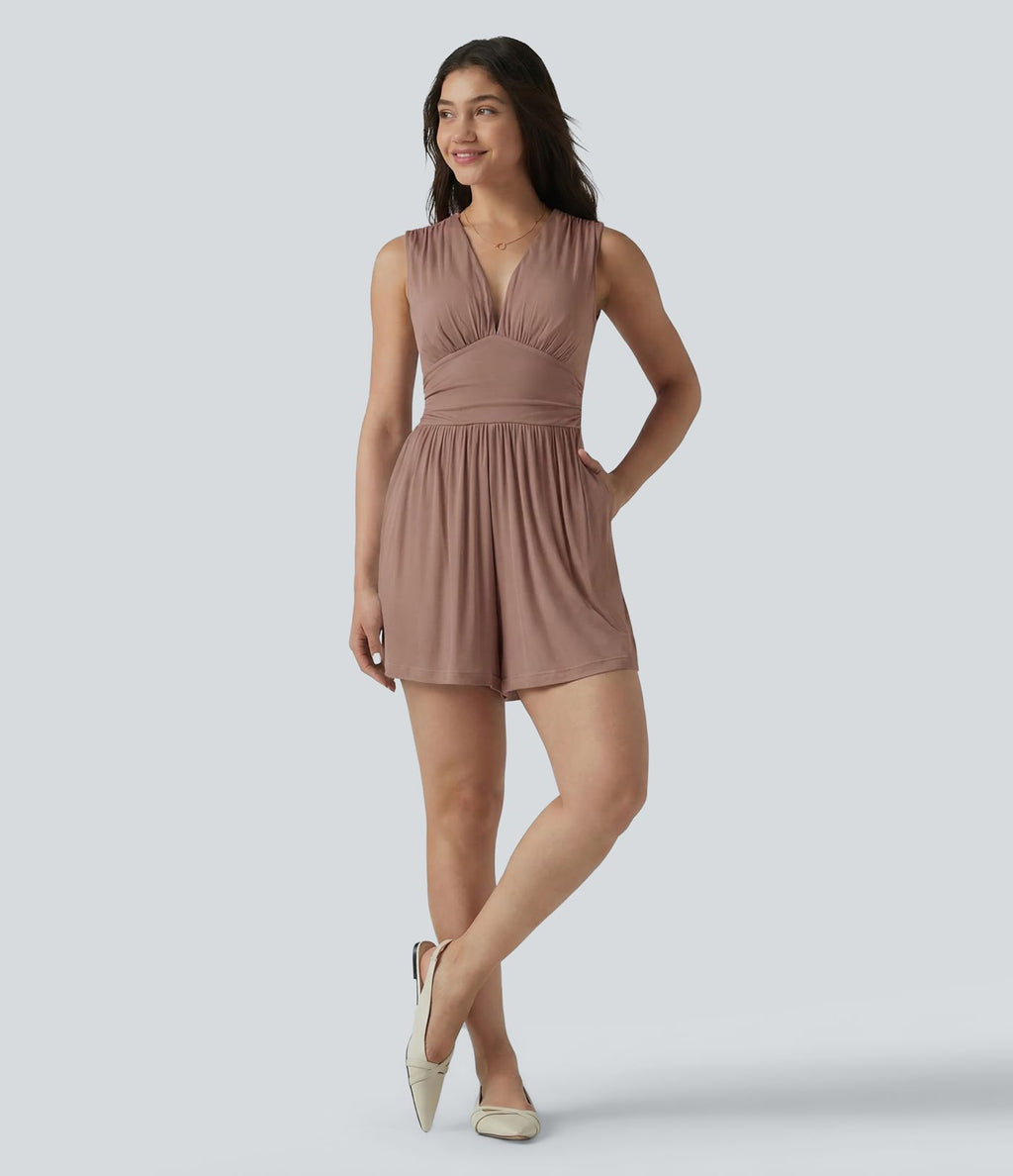 Combishort casual côtelé sans manches col V, fronces et soutien-gorge intégré, avec poches – Easy Peasy