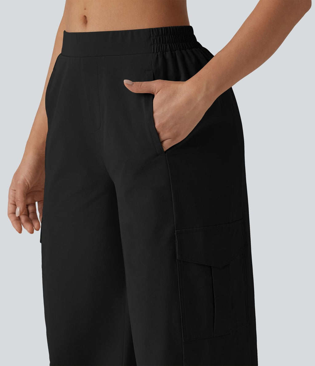 Pantalon cargo décontracté en popeline stretch taille mi-haute, coupe jambe large avec poches