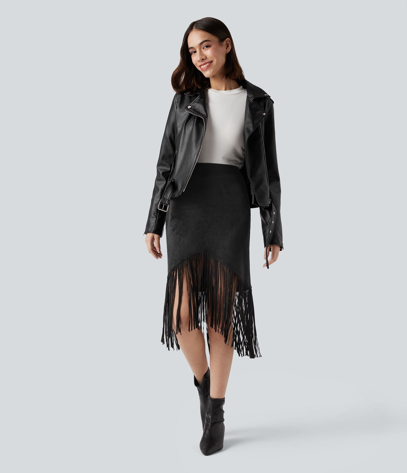 Jupe midi de soirée effet daim taille haute à franges