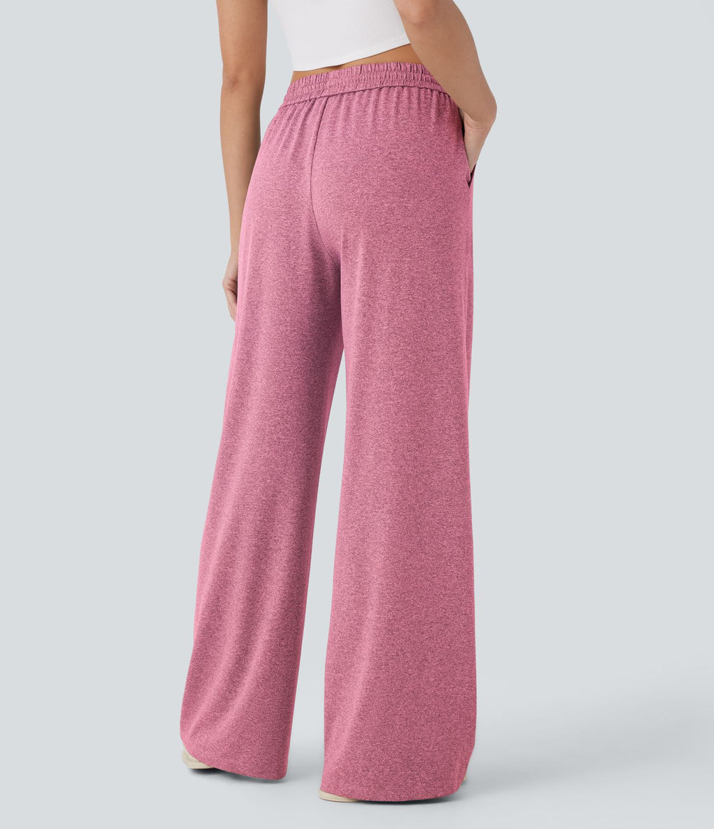 Pantalon large décontracté taille haute avec cordon de serrage et poches latérales