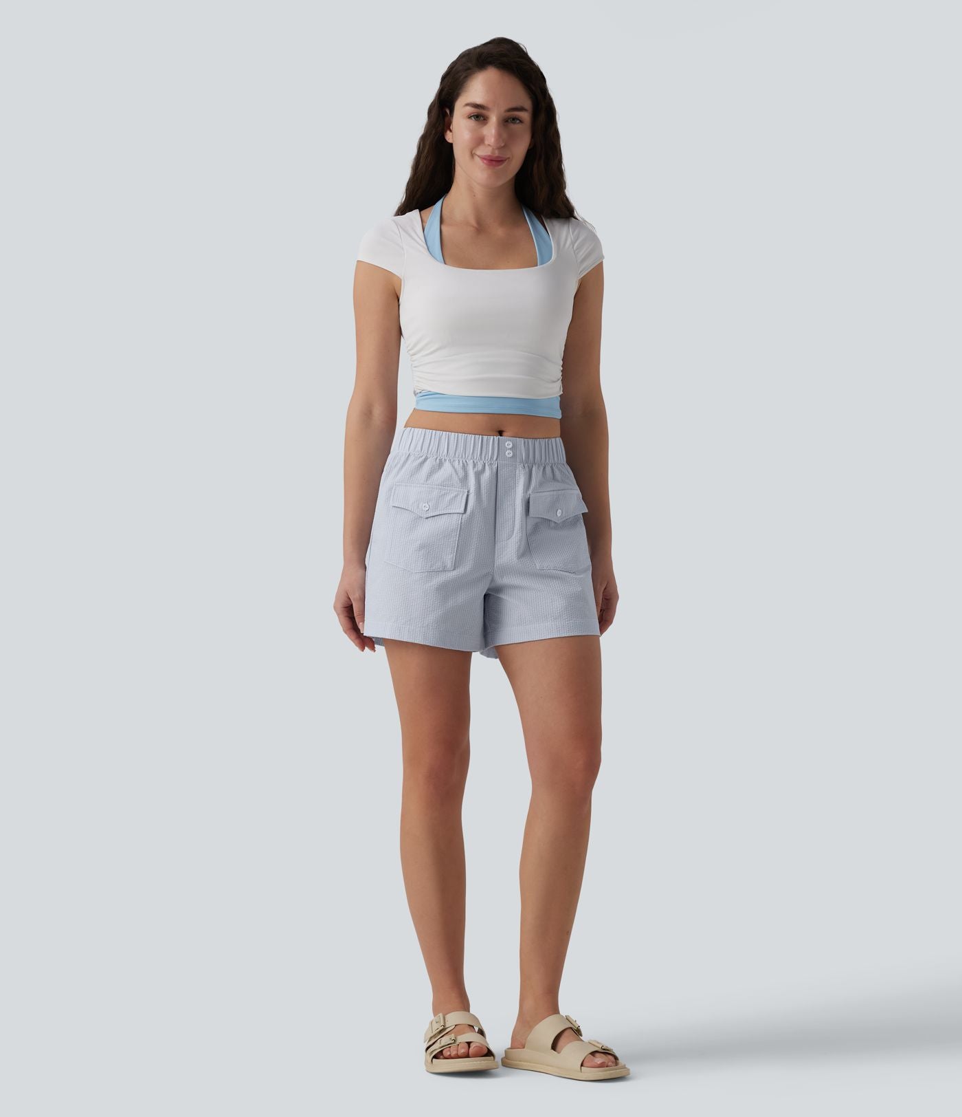 Short casual ample séchage rapide taille mi-haute aspect froissé avec poches à rabat