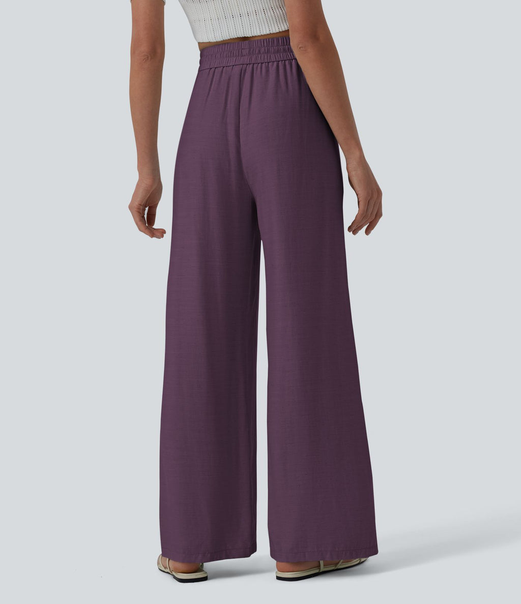 Pantalon casual large mélange lin taille haute avec cordon de serrage et poches