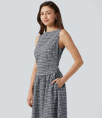 Robe midi décontractée à carreaux vichy, col bateau, sans manches, avec poches