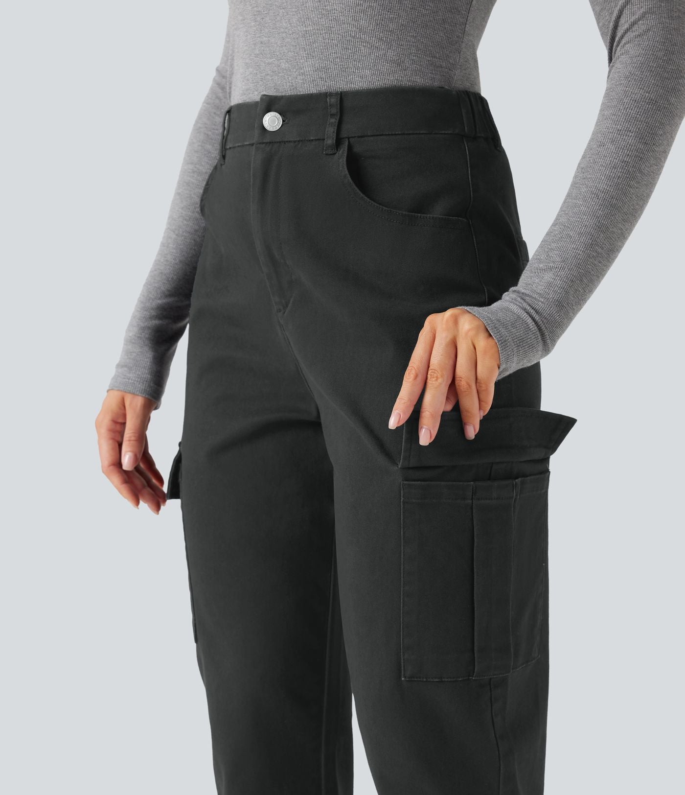 Pantalon 7/8 décontracté fuselé taille haute en coton chino avec poches