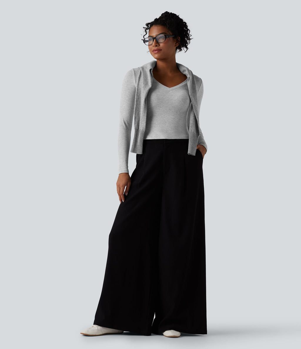 T-shirt tailleur côtelé court col V manches longues