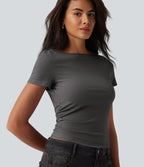 T-shirt décontracté col bateau manches courtes froncé