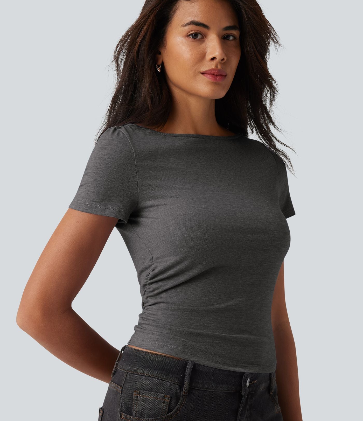 T-shirt décontracté col bateau manches courtes froncé