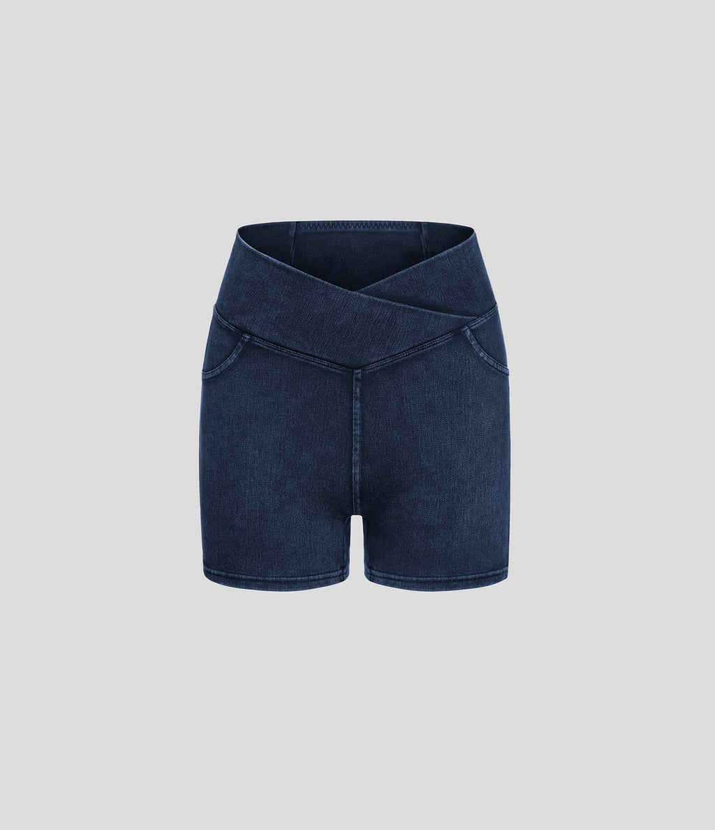 Halara Flex™  Shorts 7,5cm Denim Casual Taille Haute Poches Latérales Croisées en Maille Extensible
