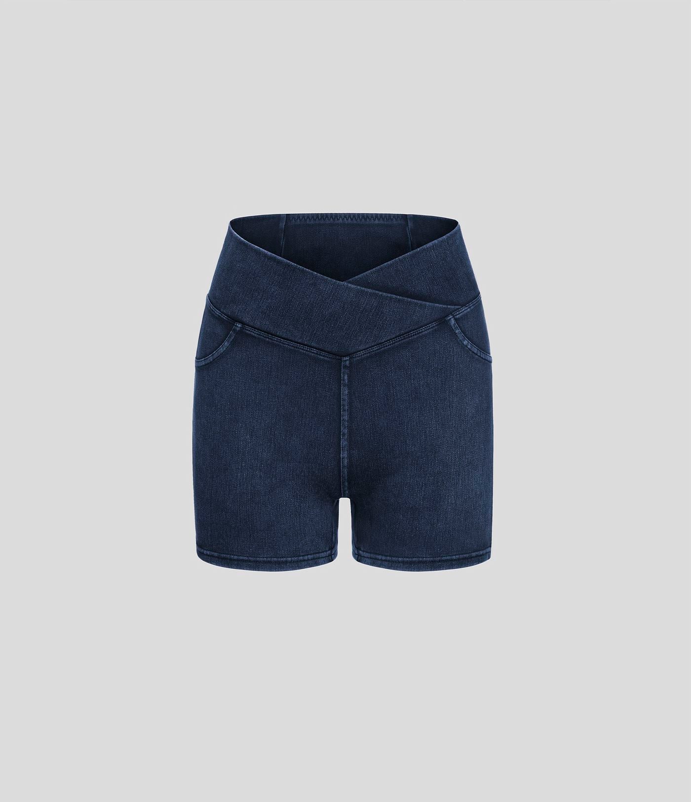 Halara Flex™  Shorts 7,5cm Denim Casual Taille Haute Poches Latérales Croisées en Maille Extensible