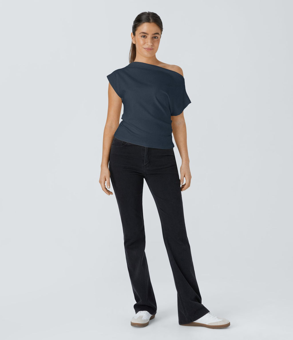 Top Casual Épaules Dénudées Manches Courtes Ruchées