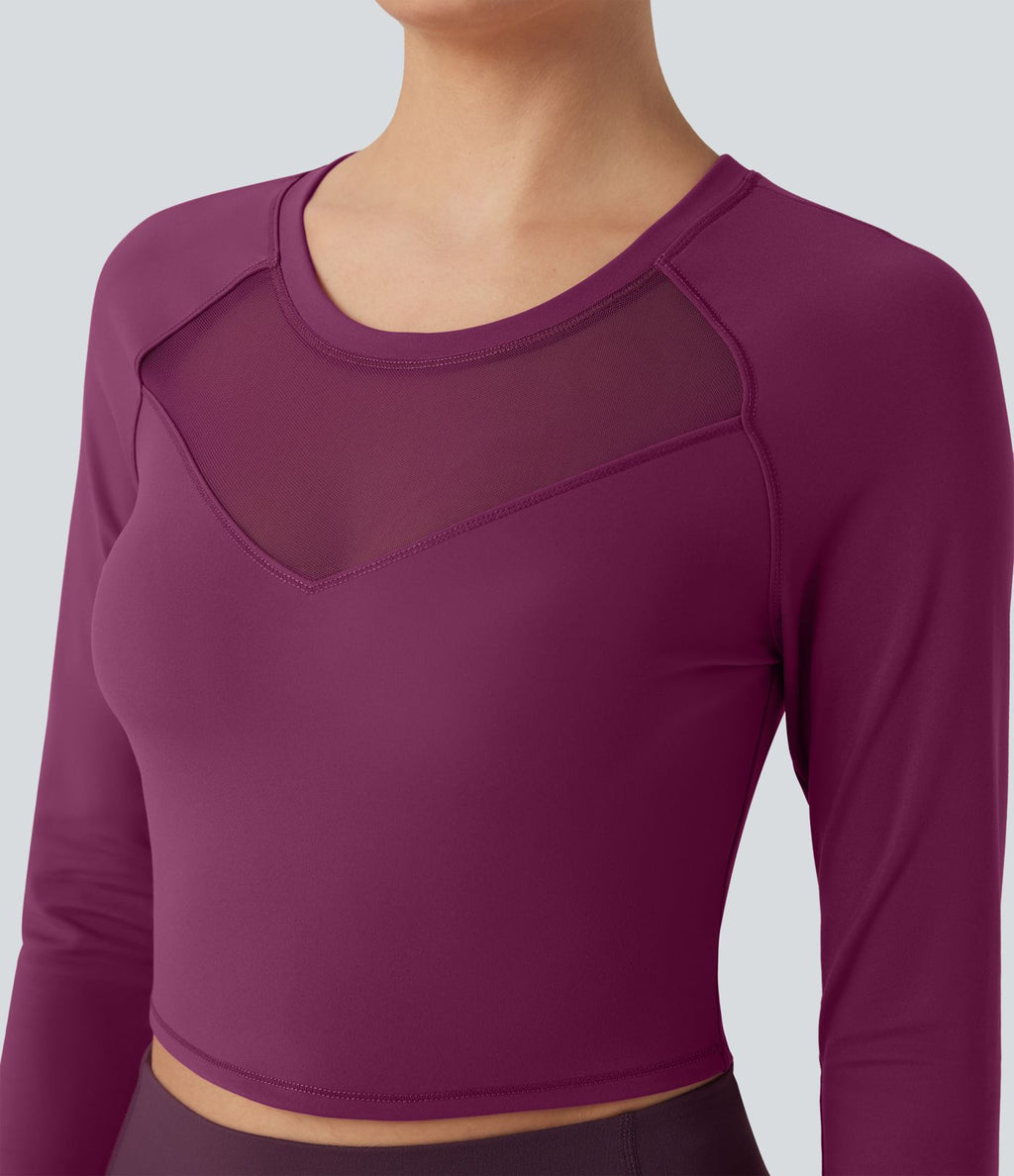 Haut de sport yoga court SoftlyZero™ Plush manches longues avec trous pour pouces et résille contrastante