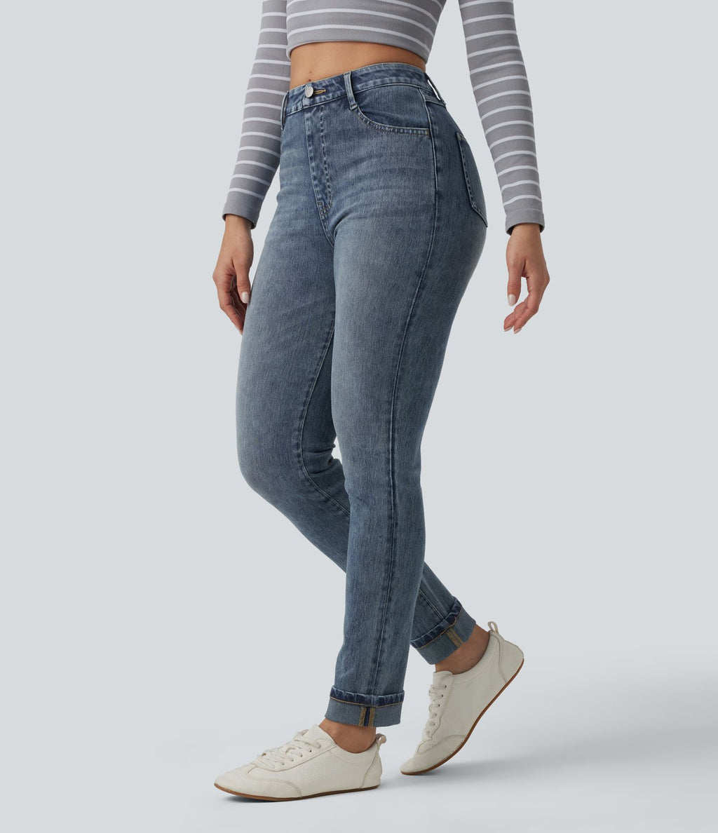 Halara Flex™ Jean slim casual taille haute à ourlet retroussé avec poches