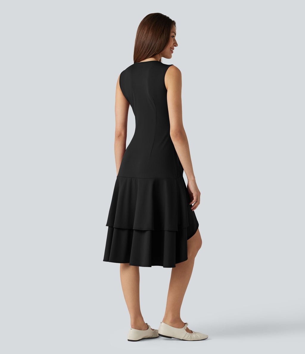 Robe midi décontractée SoftlyZero™ Airy col rond, sans manches, ourlet à volants étagés, à effet frais InstantCool