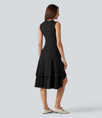 Robe midi décontractée SoftlyZero™ Airy col rond, sans manches, ourlet à volants étagés, à effet frais InstantCool