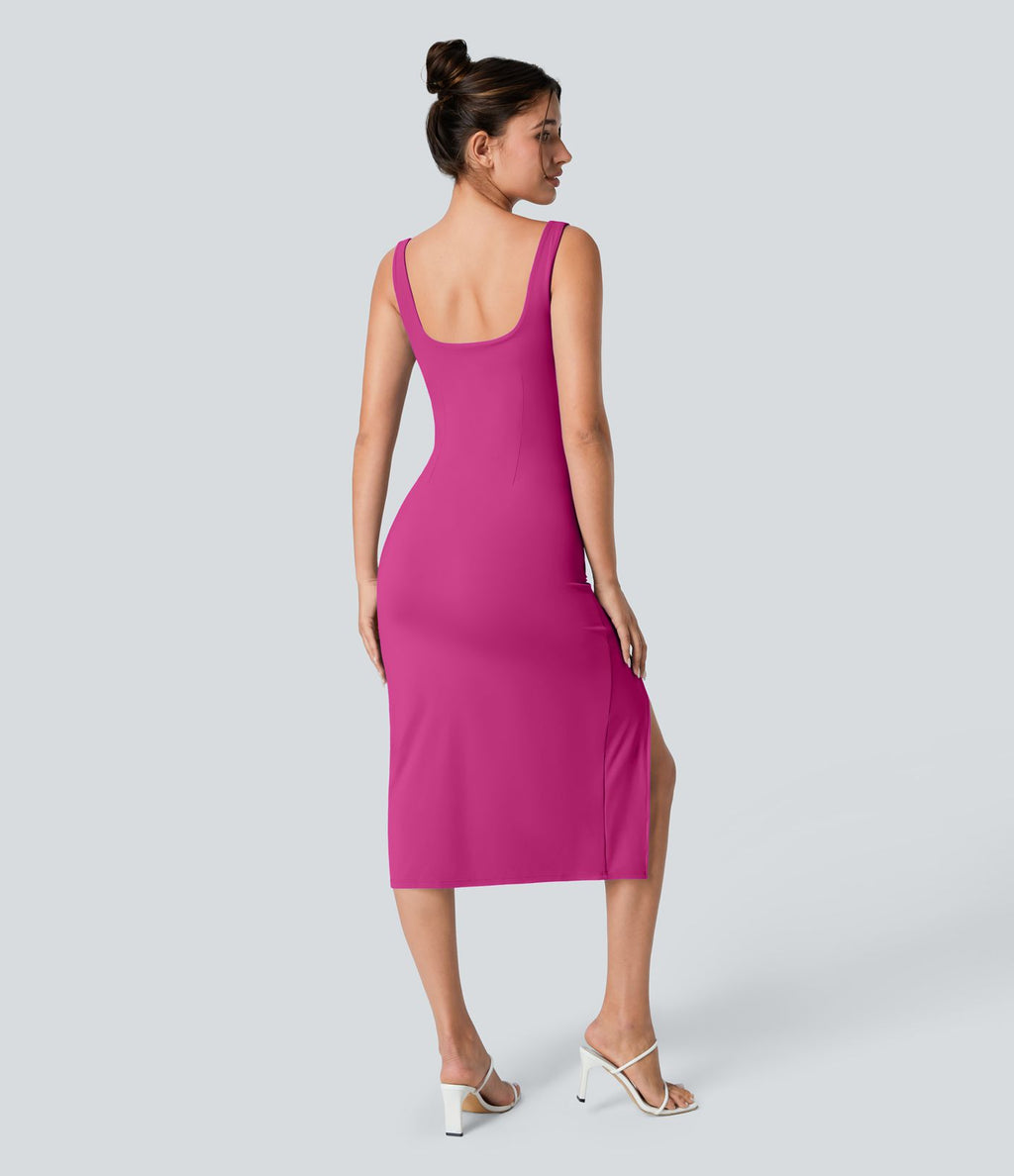 Robe corset midi moulante ruchée à encolure carrée, dos nu, brassière intégrée
