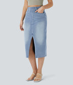 Halara Flex™ Jupe en Jean Casual Mi-Longue Délavé Extensible Plusieurs Poches Taille Haute