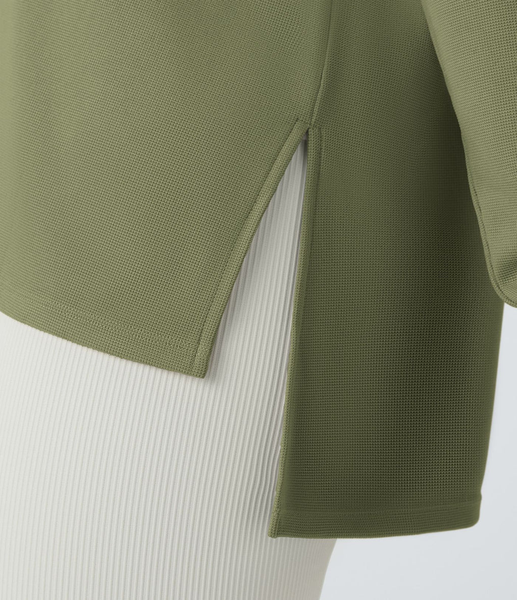 Sweatshirt Casual Waffle à Boutons Devant avec Trou Pouce et Fente