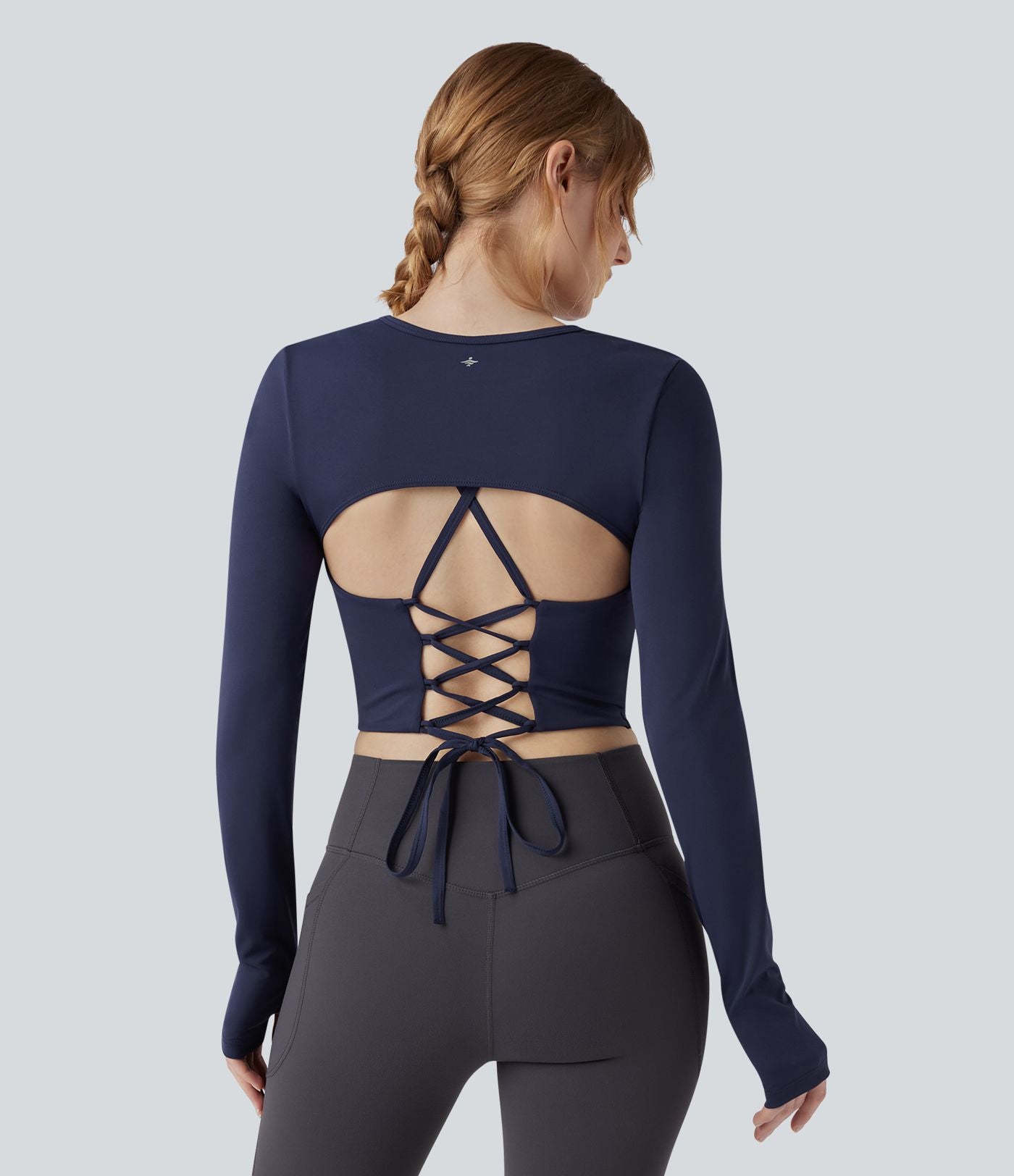 Haut de sport yoga court 2-en-1 col rond à manches longues avec passants pouces et laçage SoftlyZero™ Airy - UPF50+