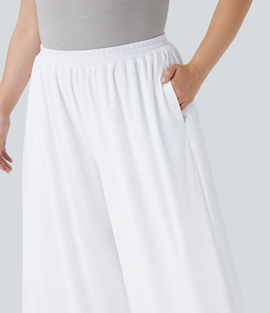 Pantalon décontracté grande taille taille haute large à superposition mesh avec poches latérales