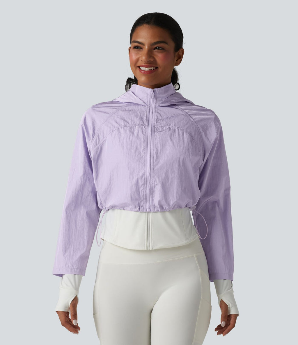 Veste de running 3-en-1 déperlante à capuche avec trous pour les pouces, ourlet arrondi et poches