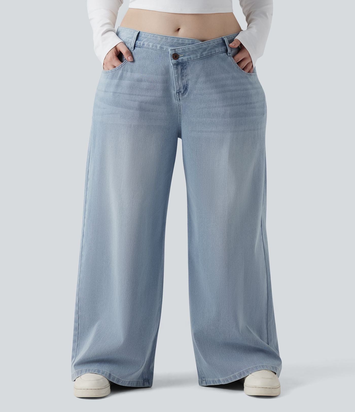 Jean décontracté grande taille Halara Flex™ asymétrique taille basse jambes larges effet délavé avec poches