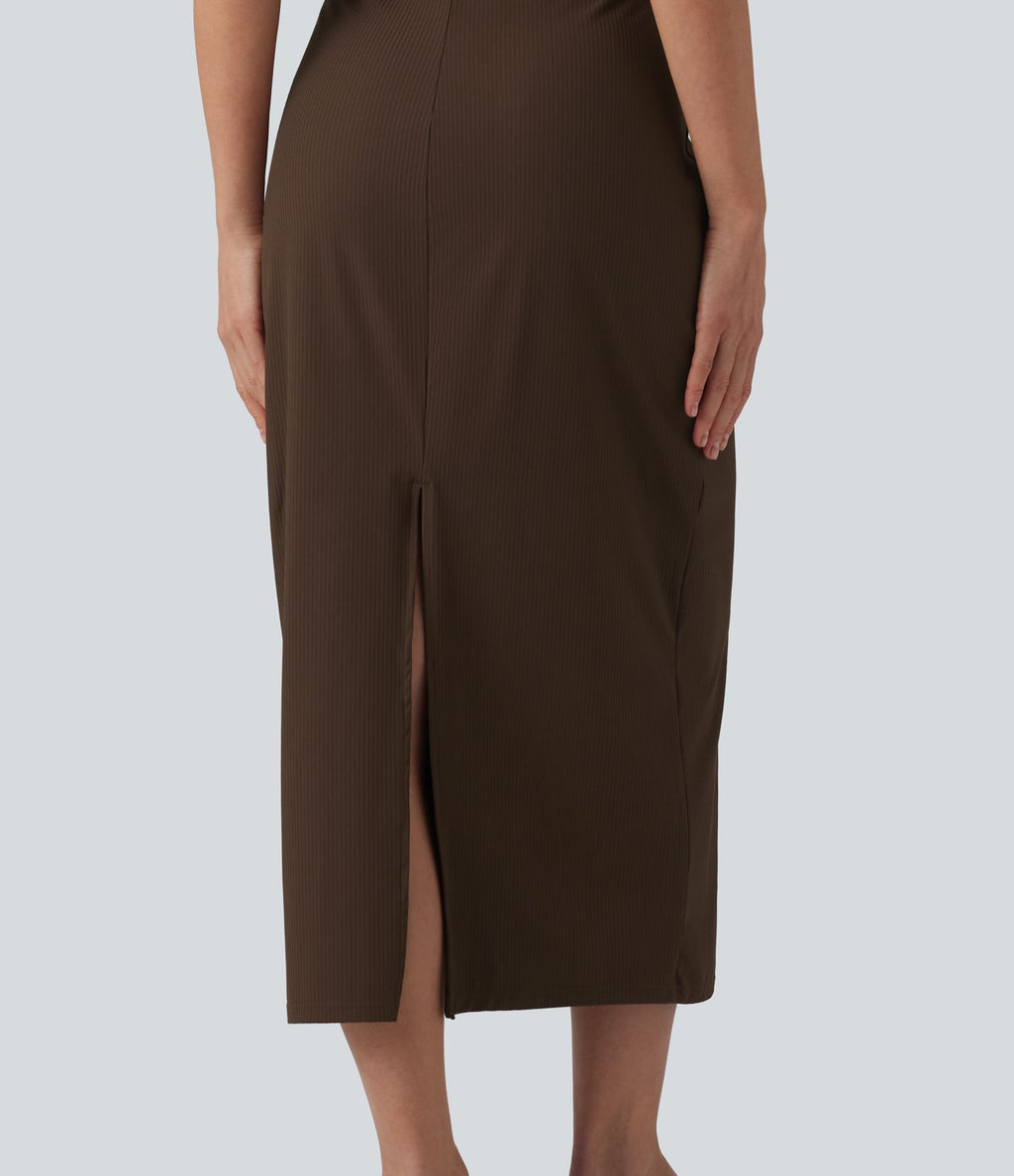 Robe midi moulante décontractée côtelée à col rond sans manches avec soutien-gorge intégré