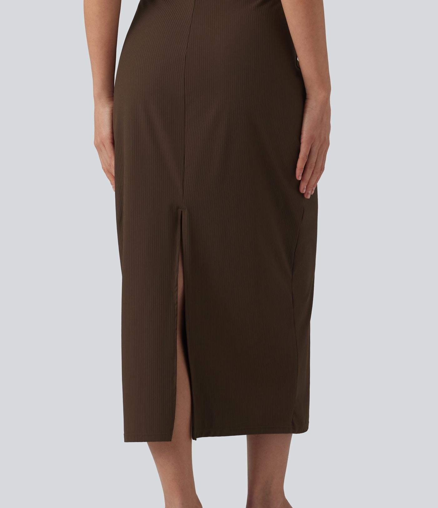 Robe midi moulante décontractée côtelée à col rond sans manches avec soutien-gorge intégré