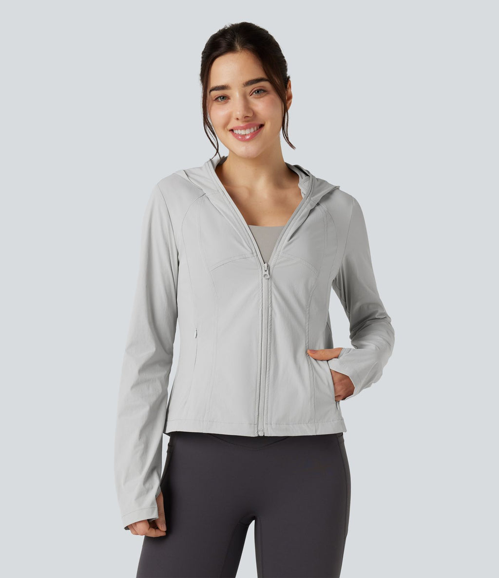 Veste de randonnée à capuche, manches longues, passants pouces et zip avec poches - UPF40+