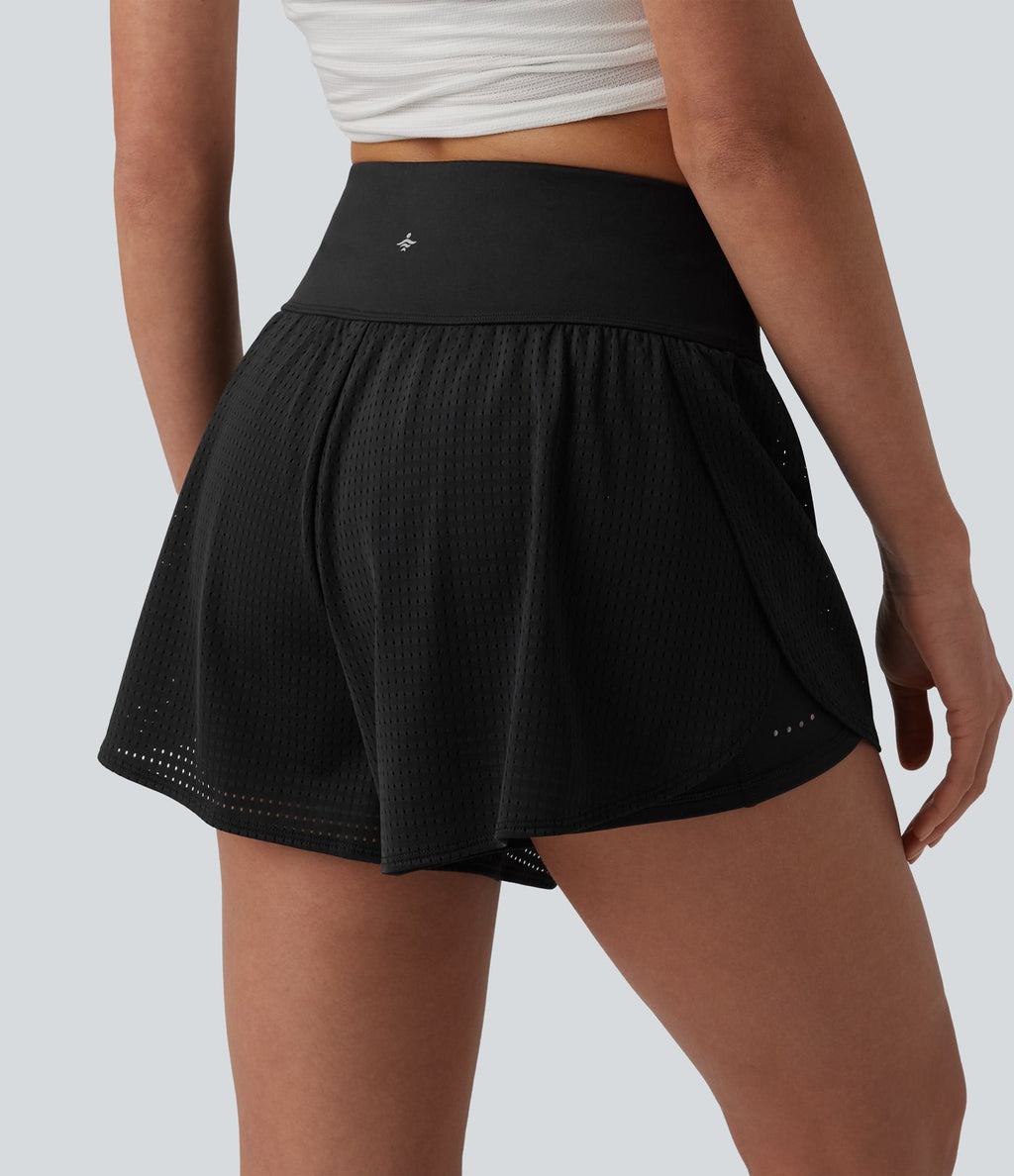 Short yoga 2-en-1 gainant taille haute à pois réfléchissants, ourlet arrondi croisé et œillets avec poches