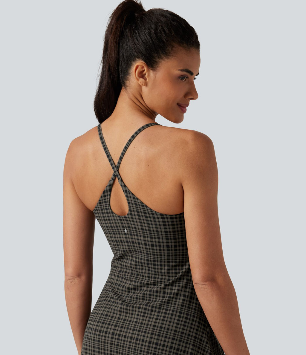 Robe sport de danse mini 2-en-1 avec brassière intégrée UltraSculpt™ à imprimé à carreaux avec poches - Édition Easy Peasy