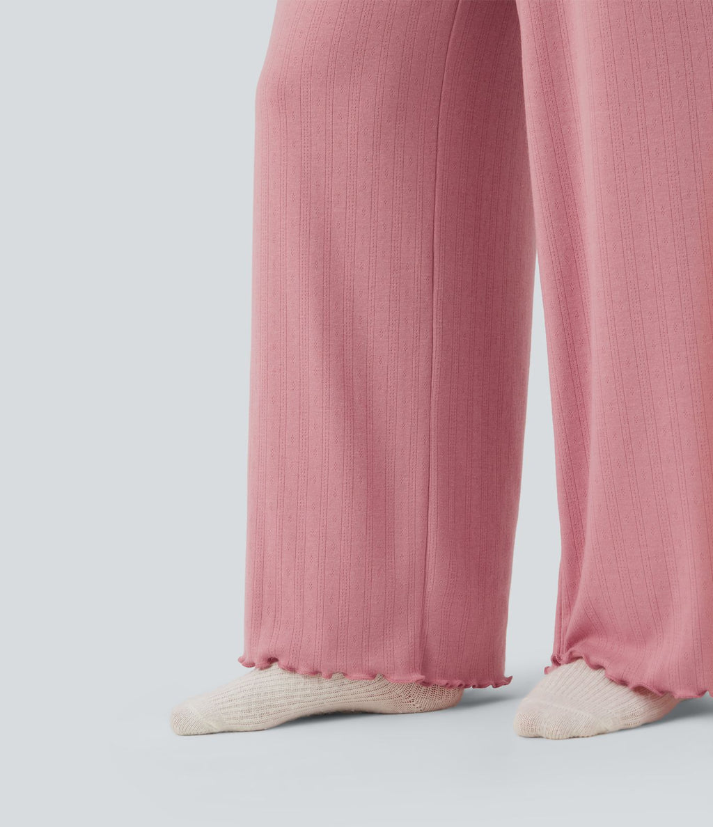 Pantalon détente taille haute coupe droite finitions plissées pointelle avec cordon de serrage