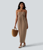 Robe longue estivale col licou dos nu avec lien soutien-gorge intégré aspect lin avec poches