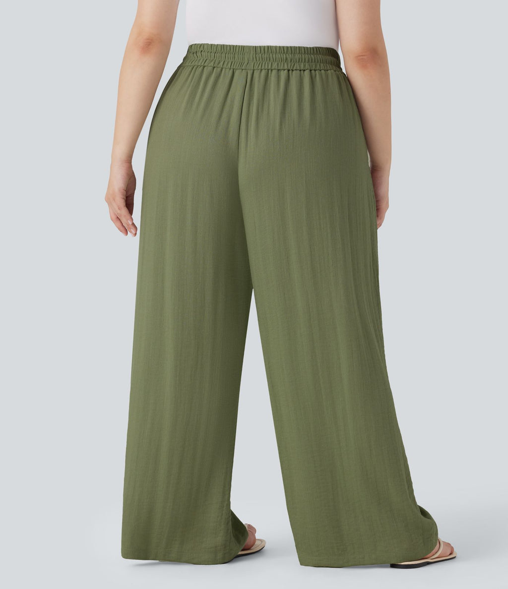 Pantalon décontracté grande taille large fluide taille haute effet lin avec cordon de serrage et poches