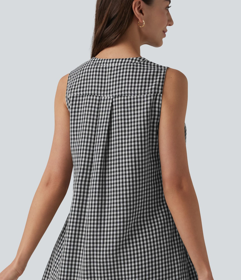 Robe courte sans manches col rond à carreaux aspect lin avec poches