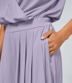 Combinaison Casual Col en V Jambes Large Plissée Manches Courtes Poche Latérale Gaufrée Fluide