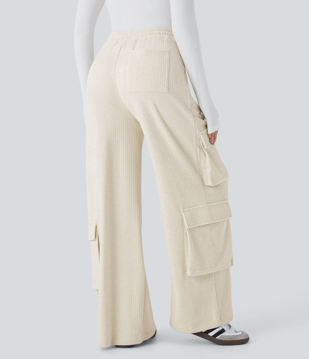 Pantalon cargo décontracté large à cordon côtelé, taille mi-haute, avec poches