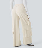 Pantalon cargo décontracté large à cordon côtelé, taille mi-haute, avec poches